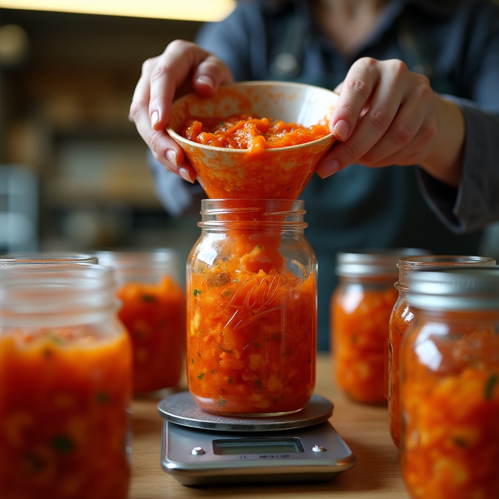 Participante envasando su kimchi casero en tarro de cristal al final de la sesión del taller