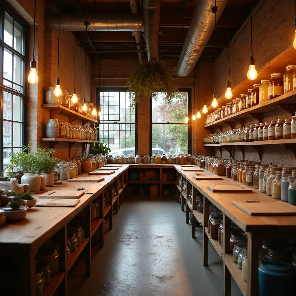 Vista general del espacio de cocina del taller con mesas de trabajo y tarros de fermentación