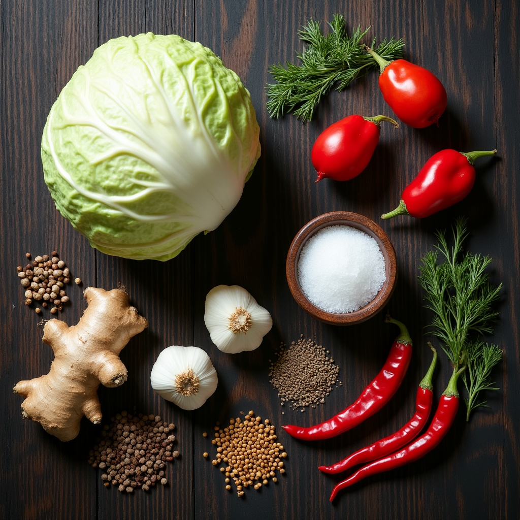 Ingredientes frescos preparados para el taller: col, zanahorias, rábanos y especias sobre tabla de madera