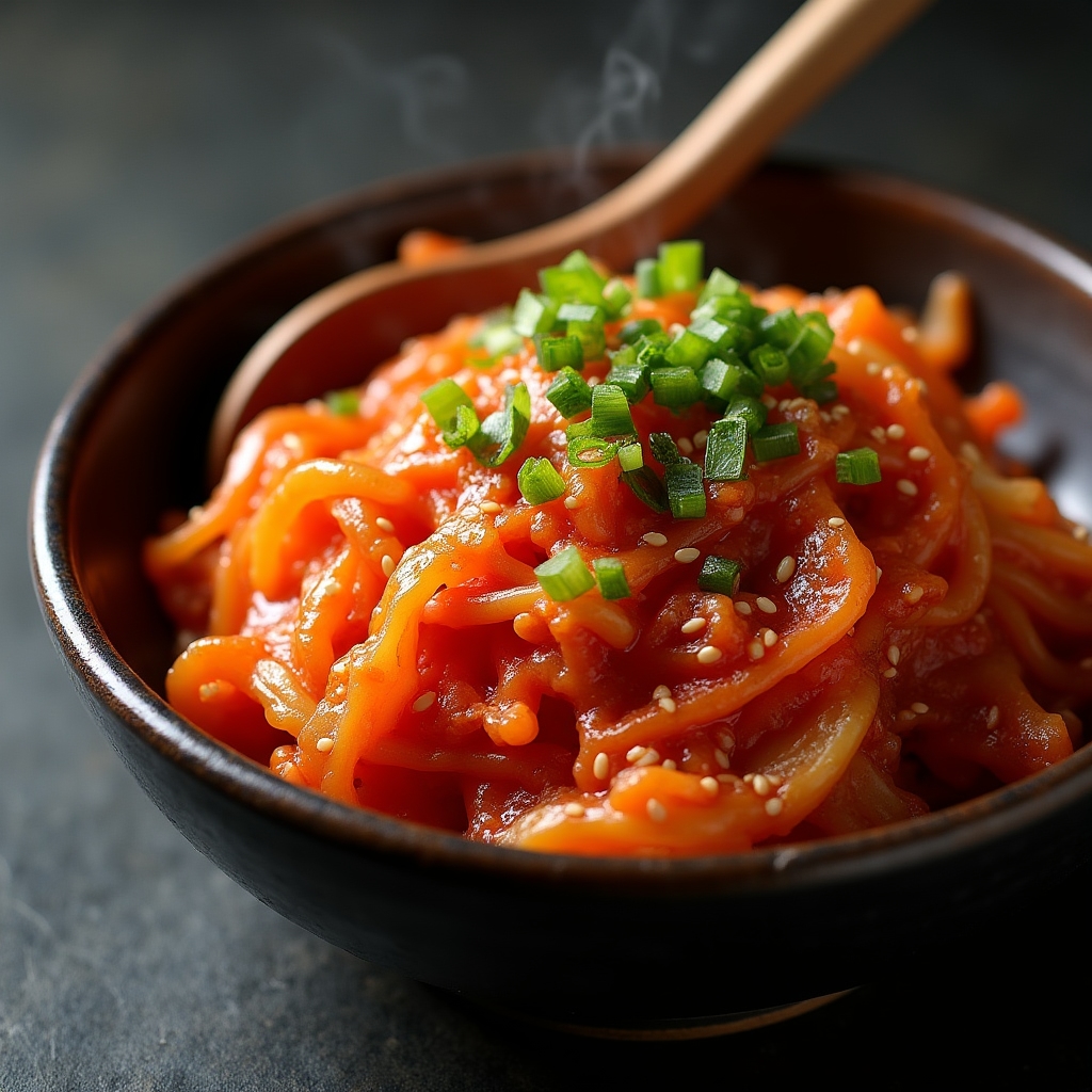 Kimchi coreano recién elaborado con col china y especias