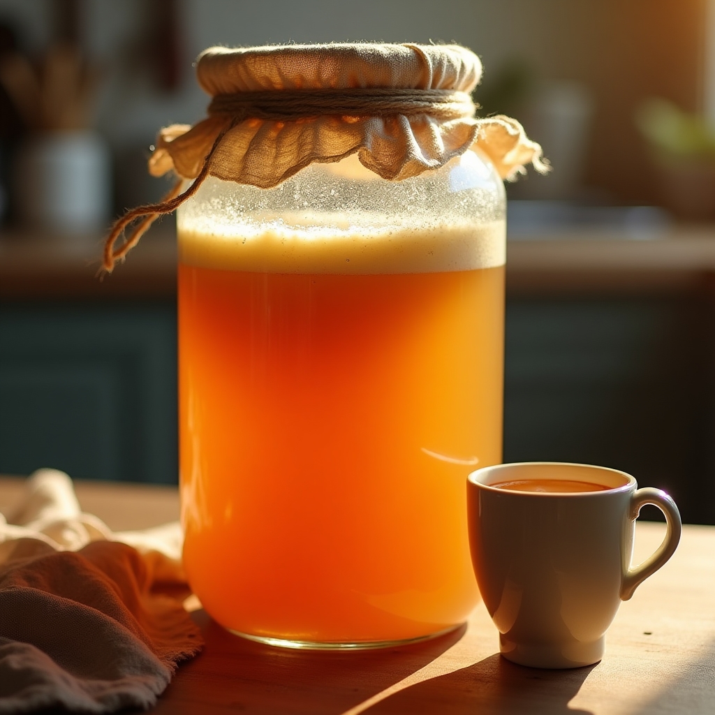 Kombucha artesanal con SCOBY visible en tarro grande de cristal