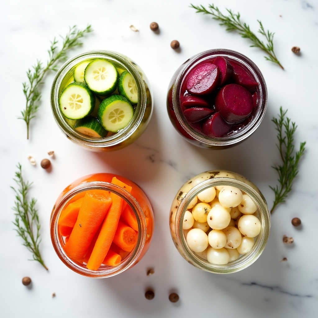 Pickles de pepino, zanahoria y cebolla en tarros de cristal con hierbas