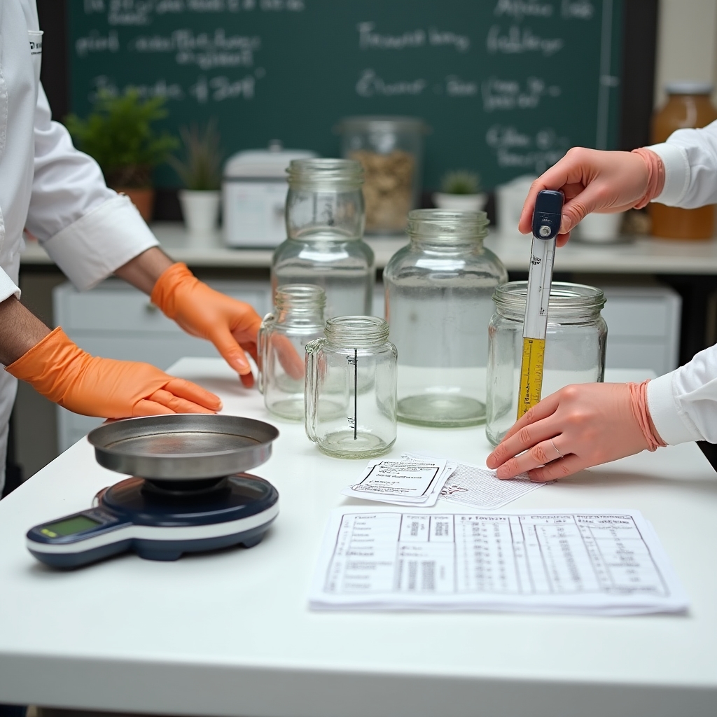 Instructor explicando normas de seguridad alimentaria en el taller con tarros esterilizados