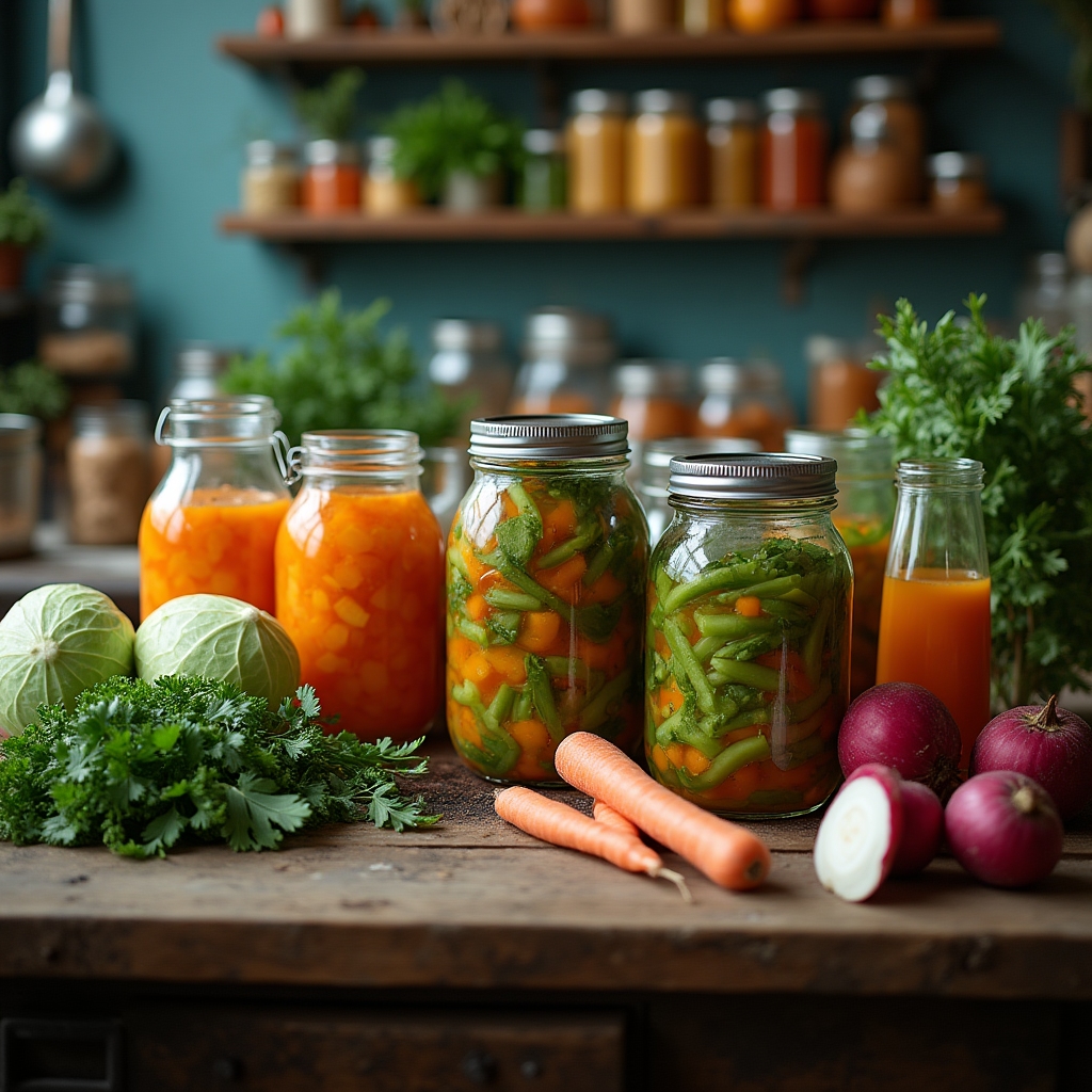 Mesa de trabajo con tarros de fermentación y verduras frescas en el taller de Sevilla