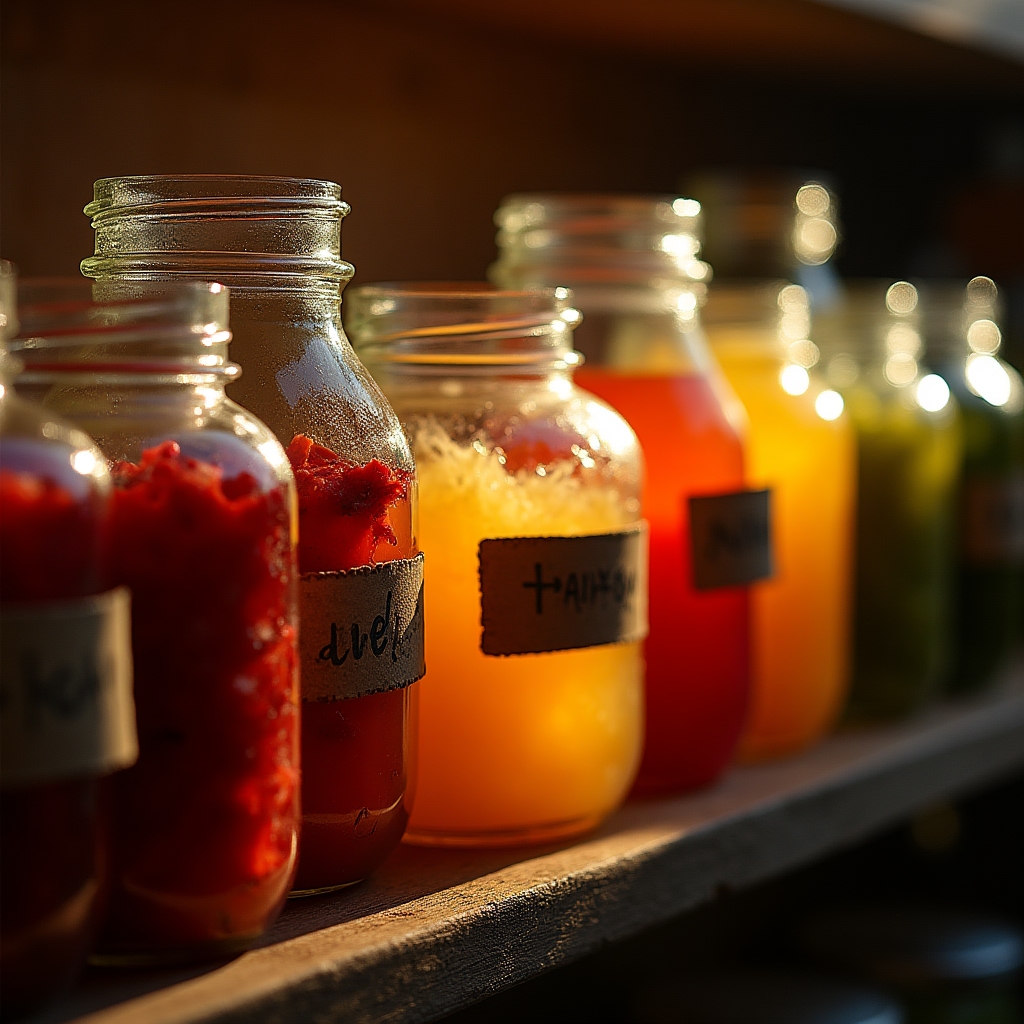 Colección de tarros de cristal con diferentes fermentados en distintas fases de maduración
